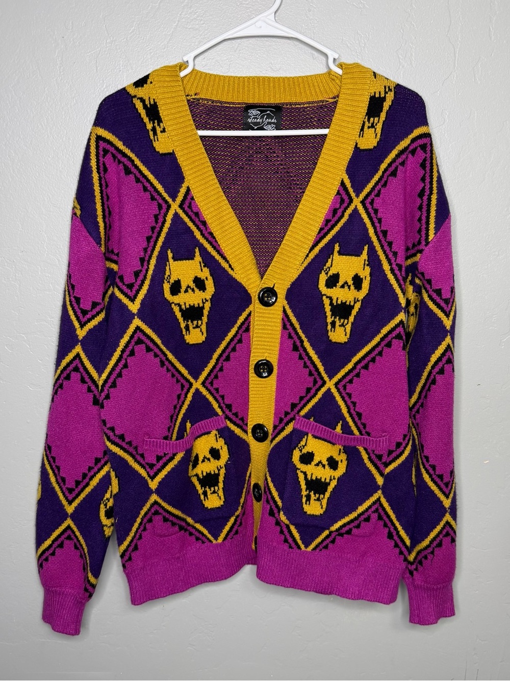 Steady Hands Purple Yellow Skull Argyle
Cardigan Sweater Sz S/M